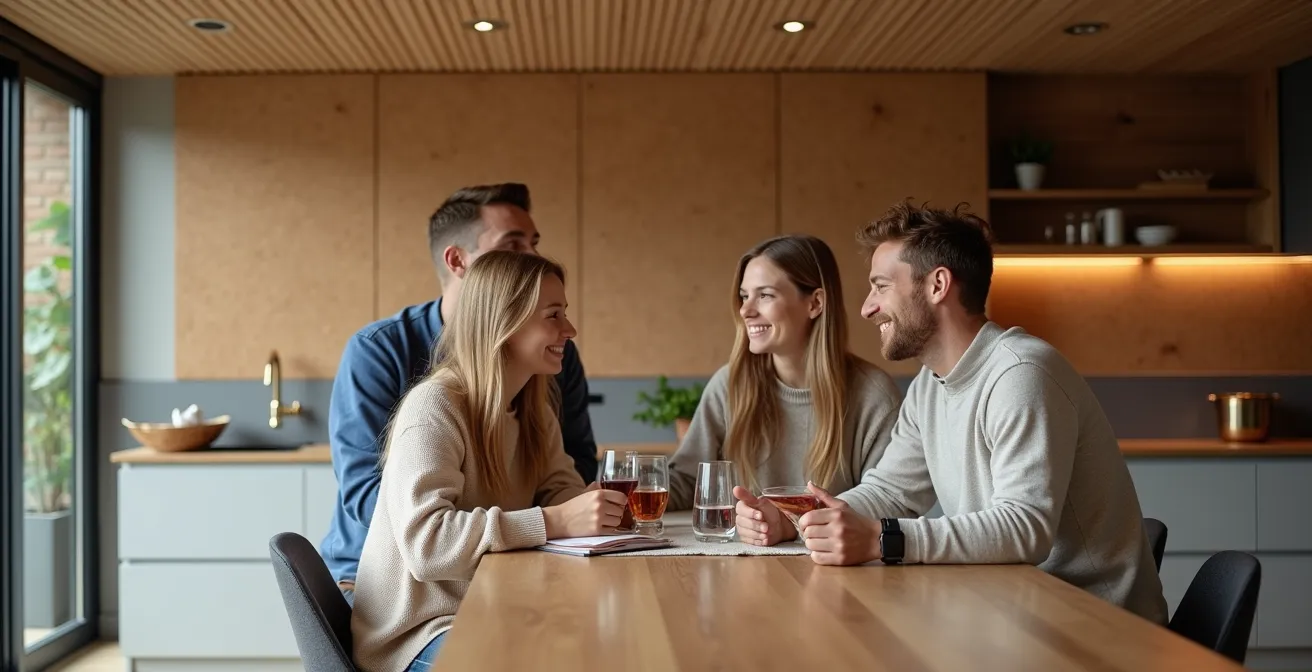 Akoestische panelen en textiel in een moderne Belgische open keuken