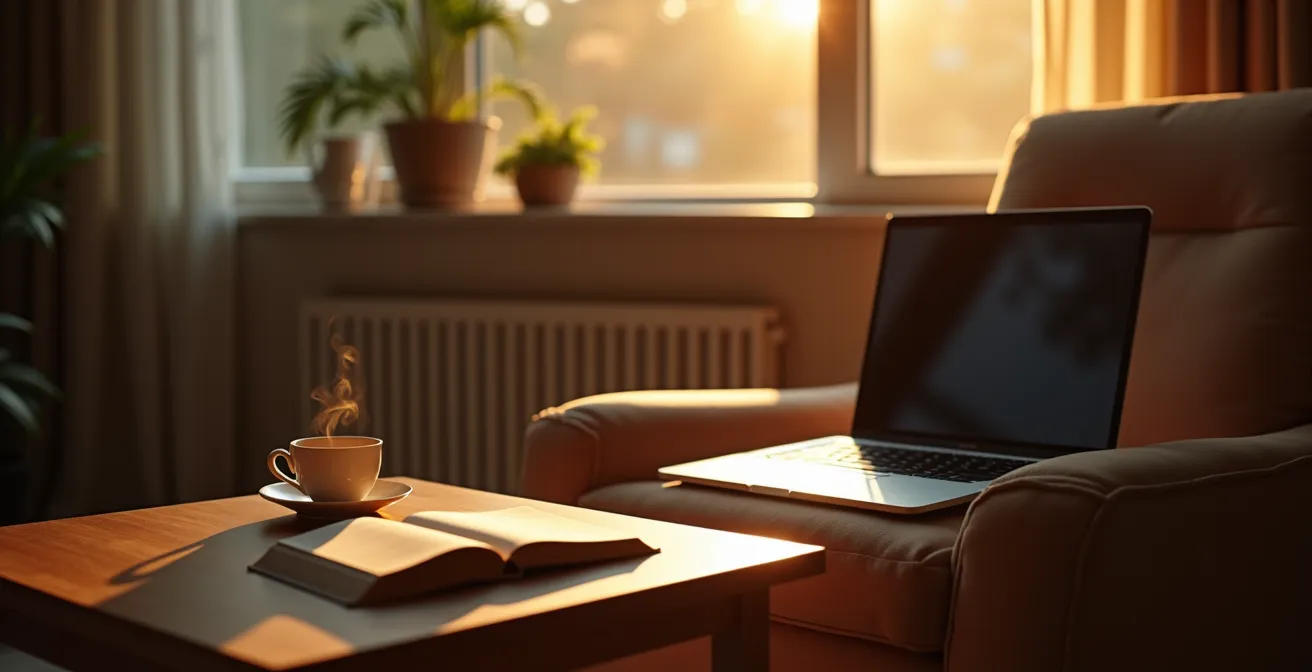 Avondsfeer met afgesloten laptop en ontspanningsruimte