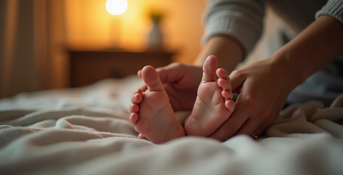 Close-up van ouderhanden die zachte massage geven aan peutervoetjes bij warm lamplicht