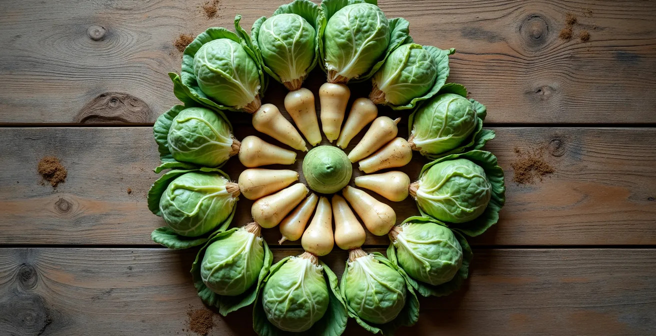 Arrangement van witloof, spruitjes en pastinaak op rustieke houten tafel