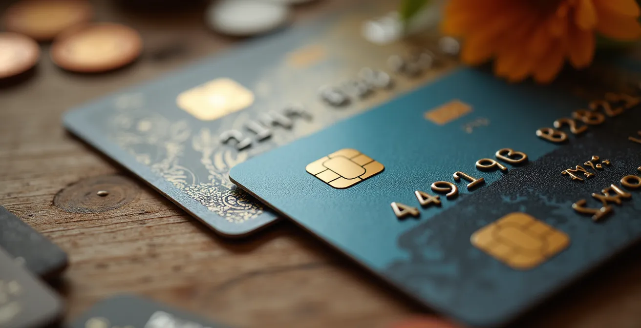 Close-up van verschillende betaalkaarten op een houten tafel met reisaccessoires