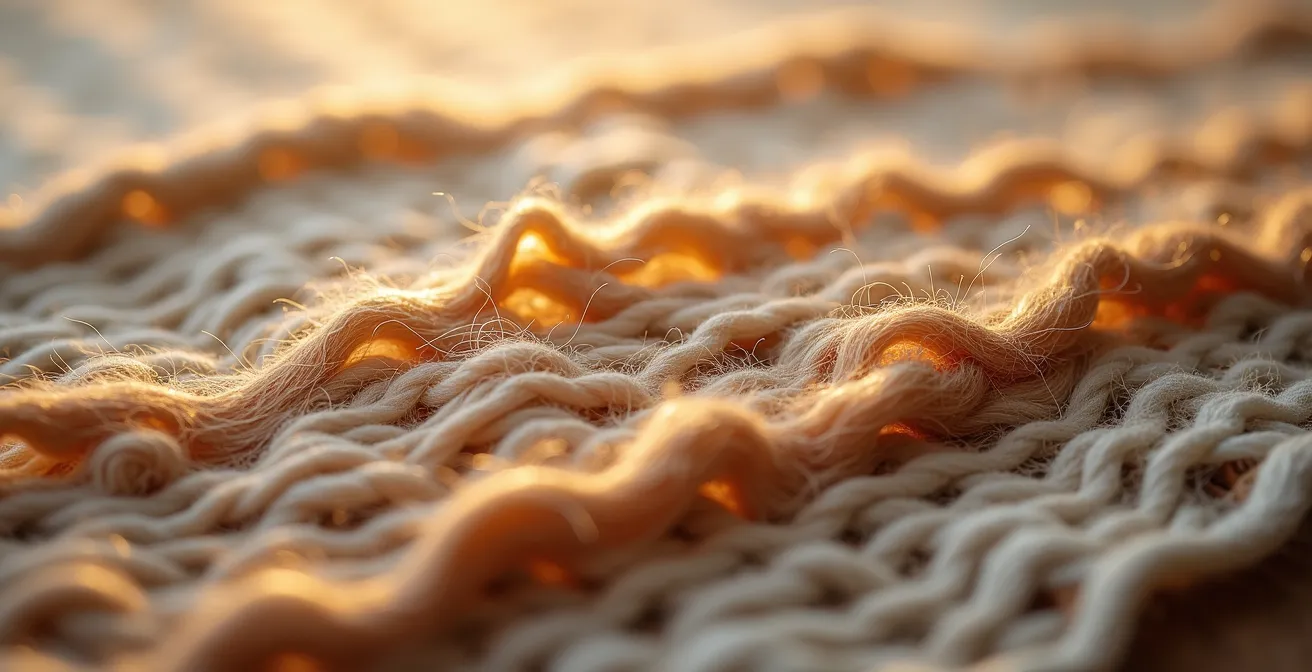 Close-up van natuurlijke texturen in slaapkamer met cederhout, linnen en wol voor stressvermindering