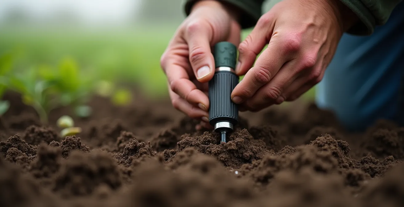 Close-up van handen die een bodemsensor in Vlaamse landbouwgrond plaatsen