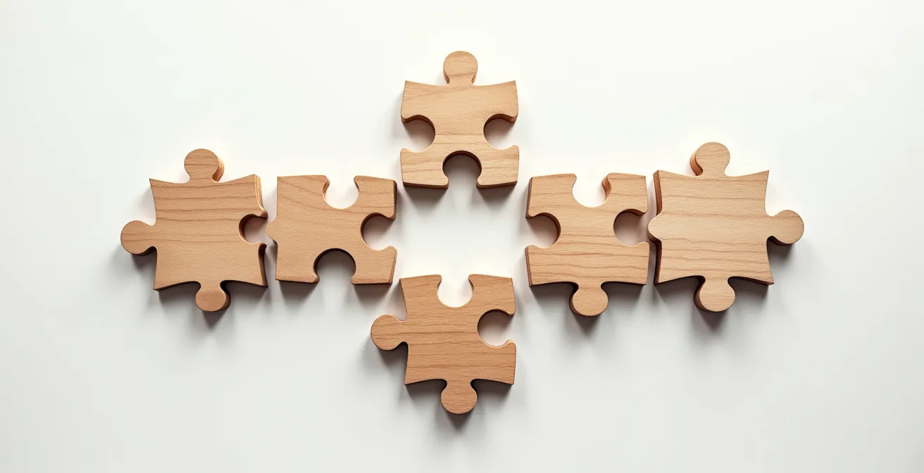 Modulaire puzzelstukken die samen een bedrijfsproces vormen, een metafoor voor een composable ERP-aanpak.