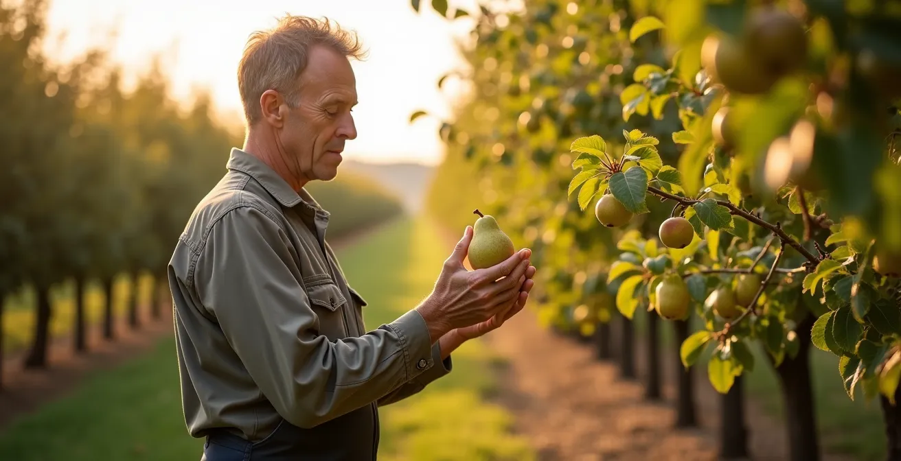 Belgische fruitteler controleert rijpheid van Conference peren in boomgaard
