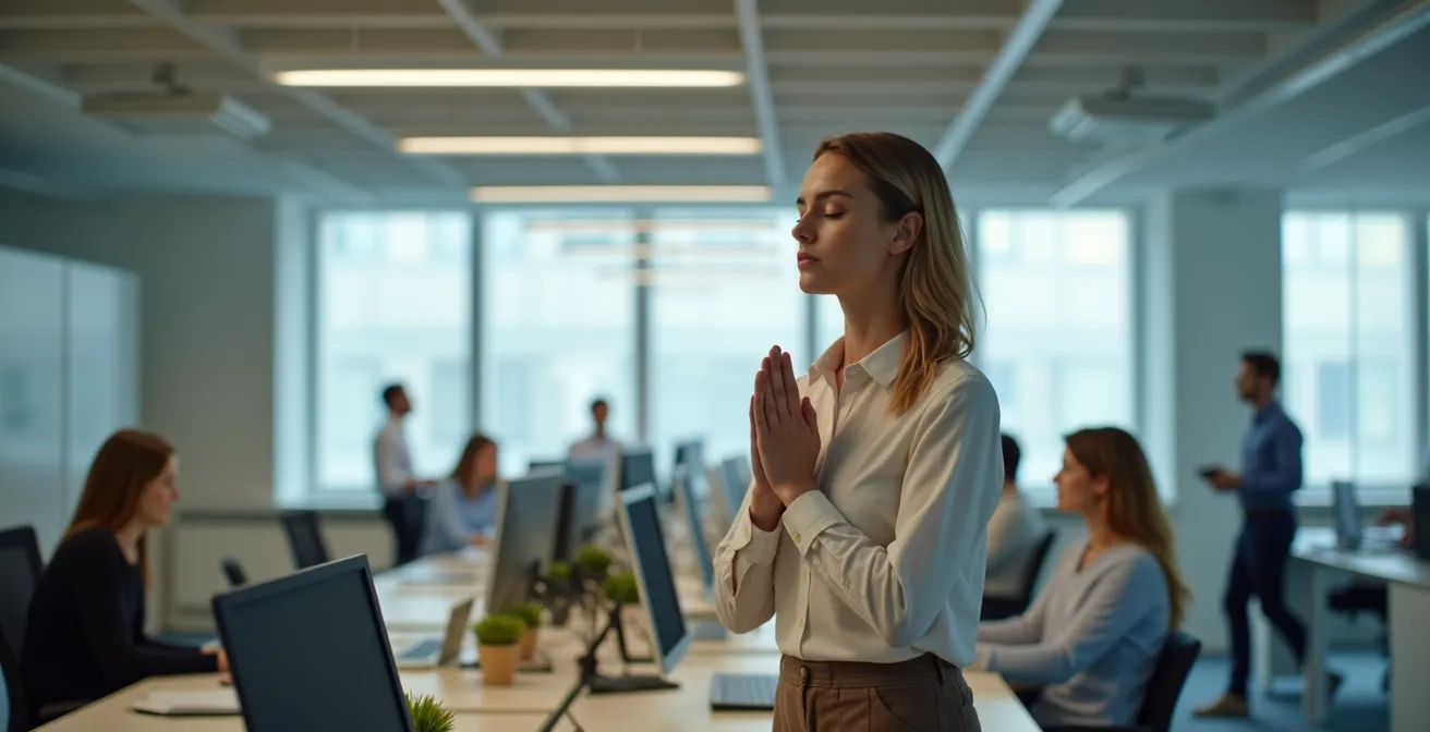 Professional doet discrete ademhalingsoefening in open kantoor