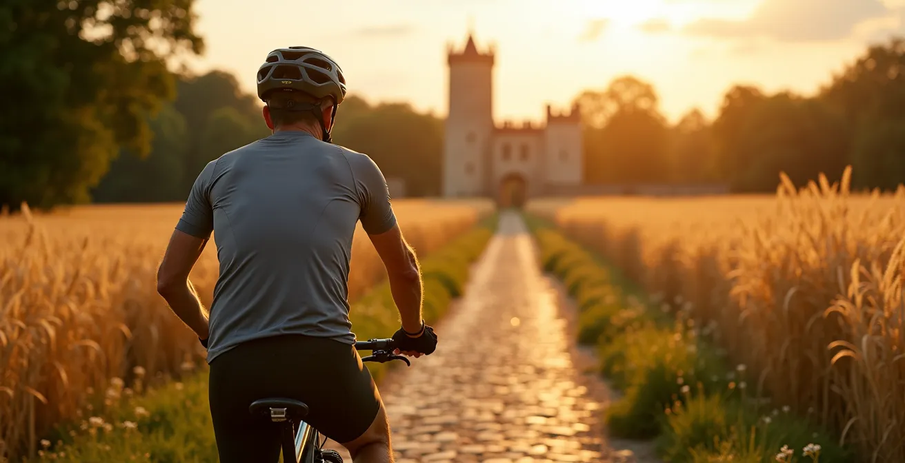 Fietser op rustig landbouwpad met kasteel in achtergrond