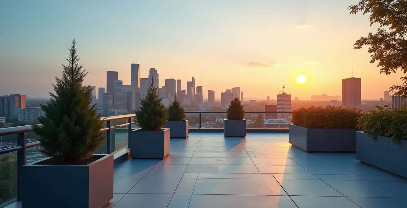 Weids uitzicht op Brussels financieel district bij zonsondergang met moderne kantoorgebouwen