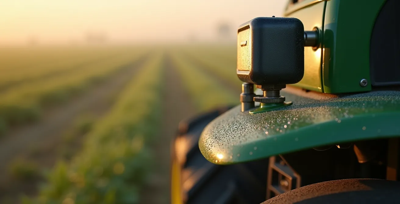 Close-up van GPS-apparatuur op een moderne tractor, symbool voor het gebruik van taakkaarten op het veld.