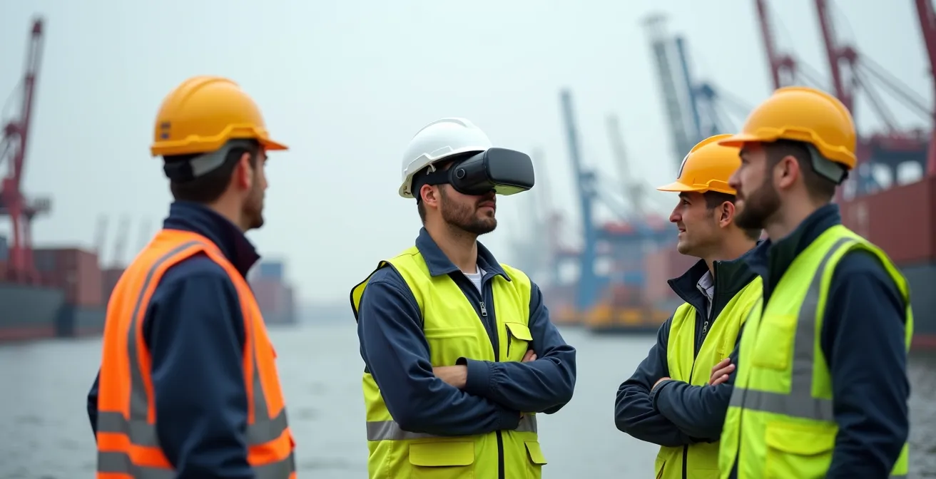 Groep havenarbeiders in Antwerpse haven tijdens VR-training met trainer