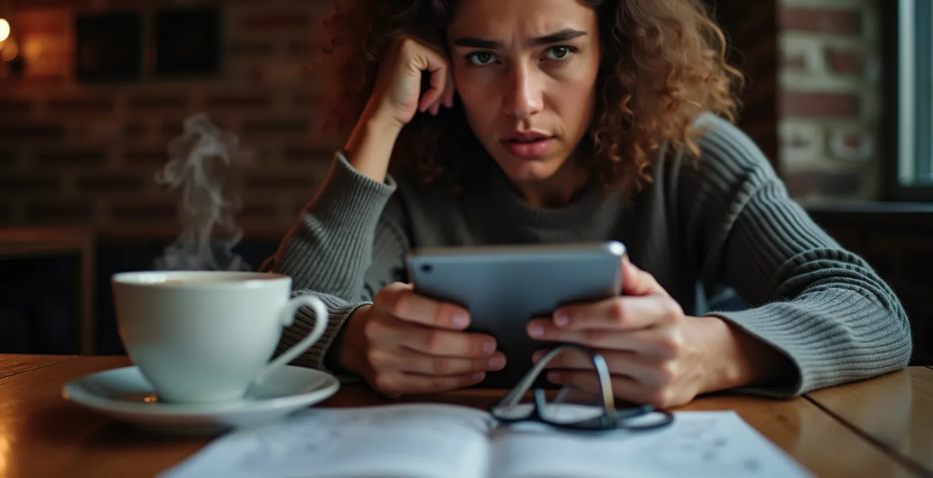 Persoon controleert hotelrecensies op smartphone met koffie erbij