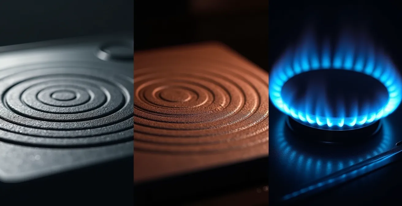 Visuele vergelijking van energieverbruik tussen inductie, keramisch en gas koken