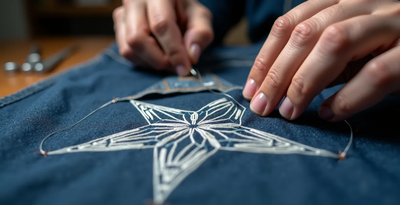 Close-up van handen die een jeans repareren met traditionele sashiko-techniek