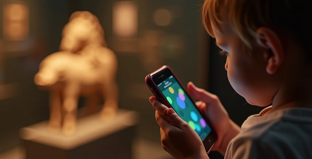 Close-up van kinderhanden die een smartphone richten op een museumstuk om informatie te scannen