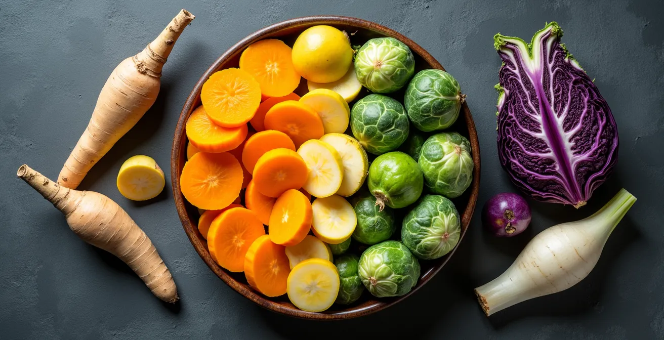Bovenaanzicht van kleurrijke wintergroenten in regenboogvolgorde op donkere achtergrond
