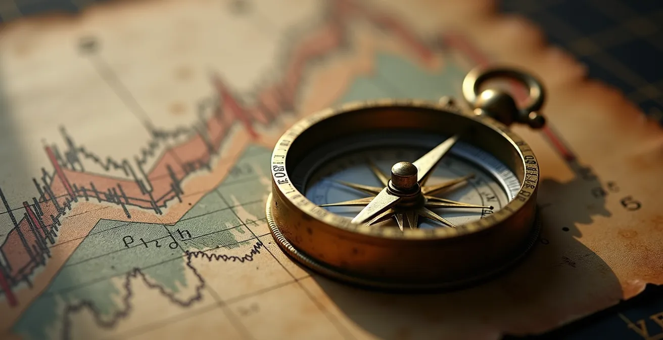 Close-up van antiek kompas op oude beursgrafieken met dramatische belichting