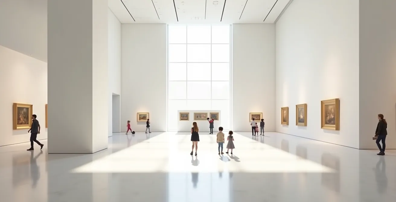 Familie volgt een interactieve speurtocht door een lichte, ruime museumzaal