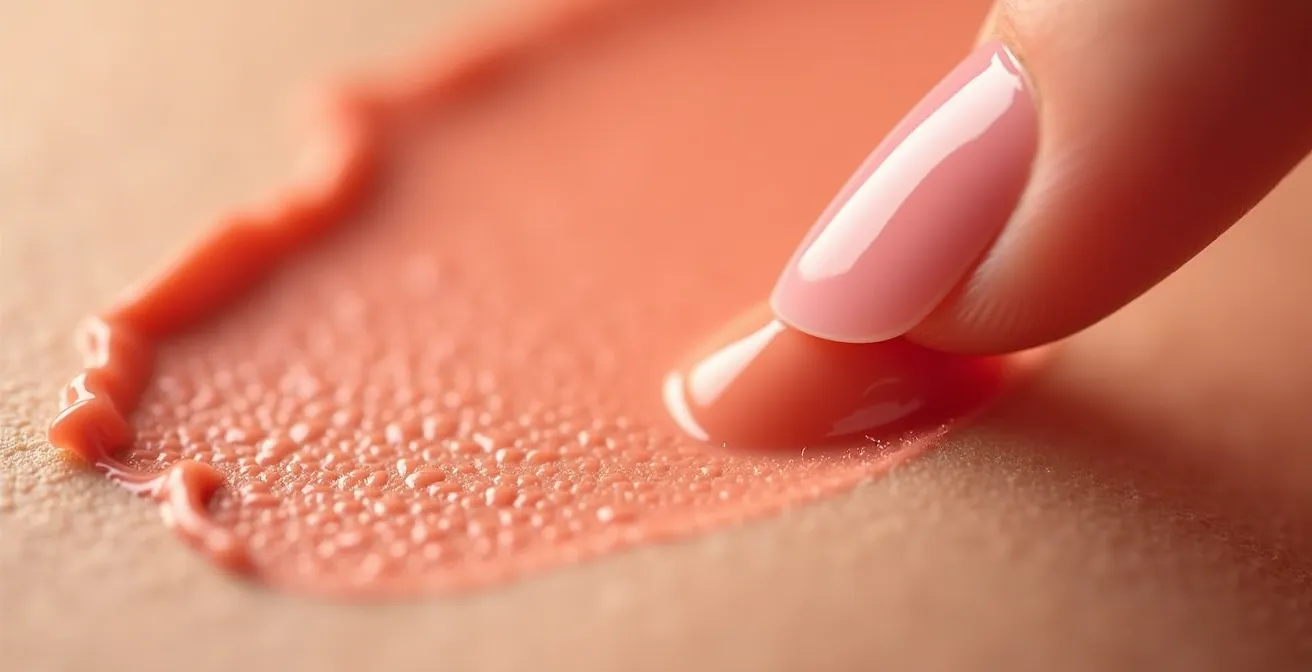 Close-up van vingertoppen die crèmige textuur blenden op jukbeen