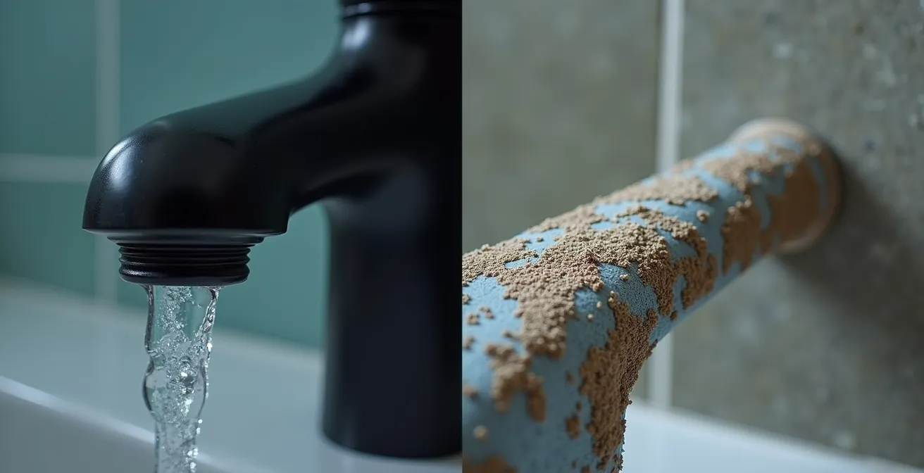 Macrofoto van matzwarte designkraan met en zonder kalkaanslag