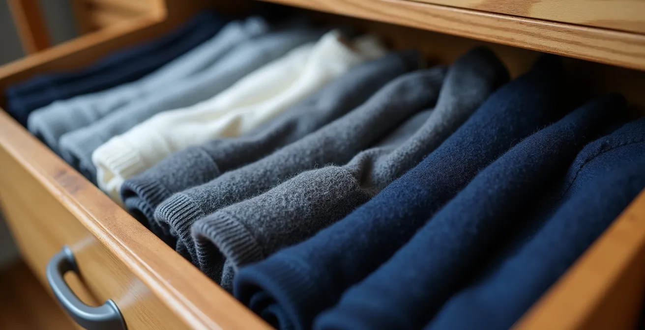 Netjes georganiseerde kledingkast met gevouwen kleding volgens Marie Kondo methode