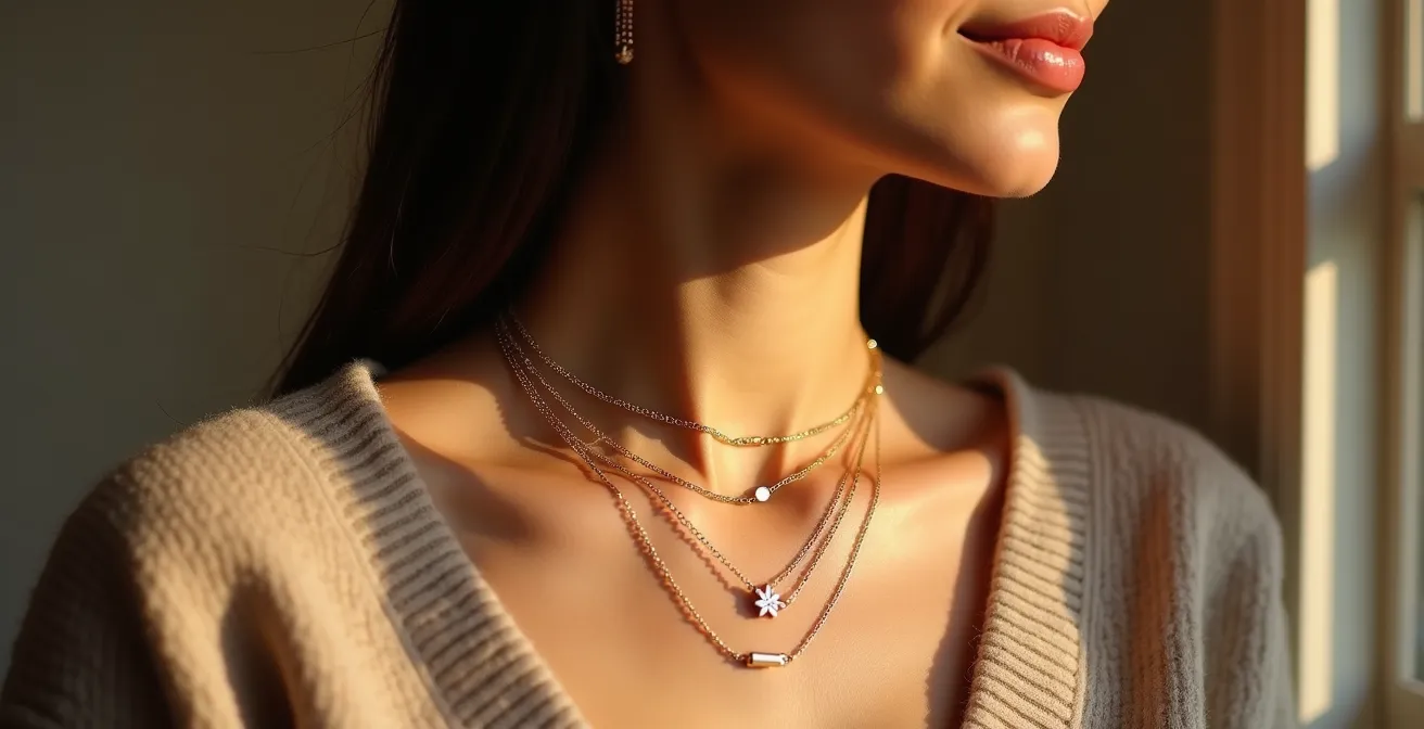 Elegante vrouw met subtiel gelayerde gouden juwelen in Belgische minimalistische stijl