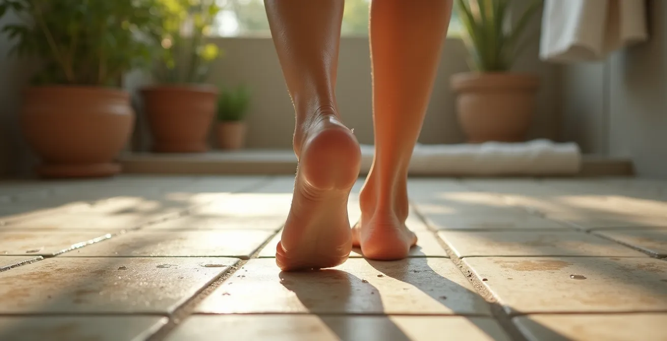 Close-up van moderne antislip badkamervloertegels met subtiele textuur