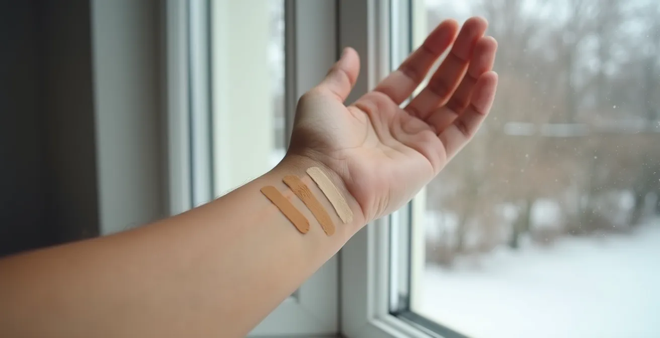 Vrouwenhand met verschillende foundation swatches in diffuus winterlicht