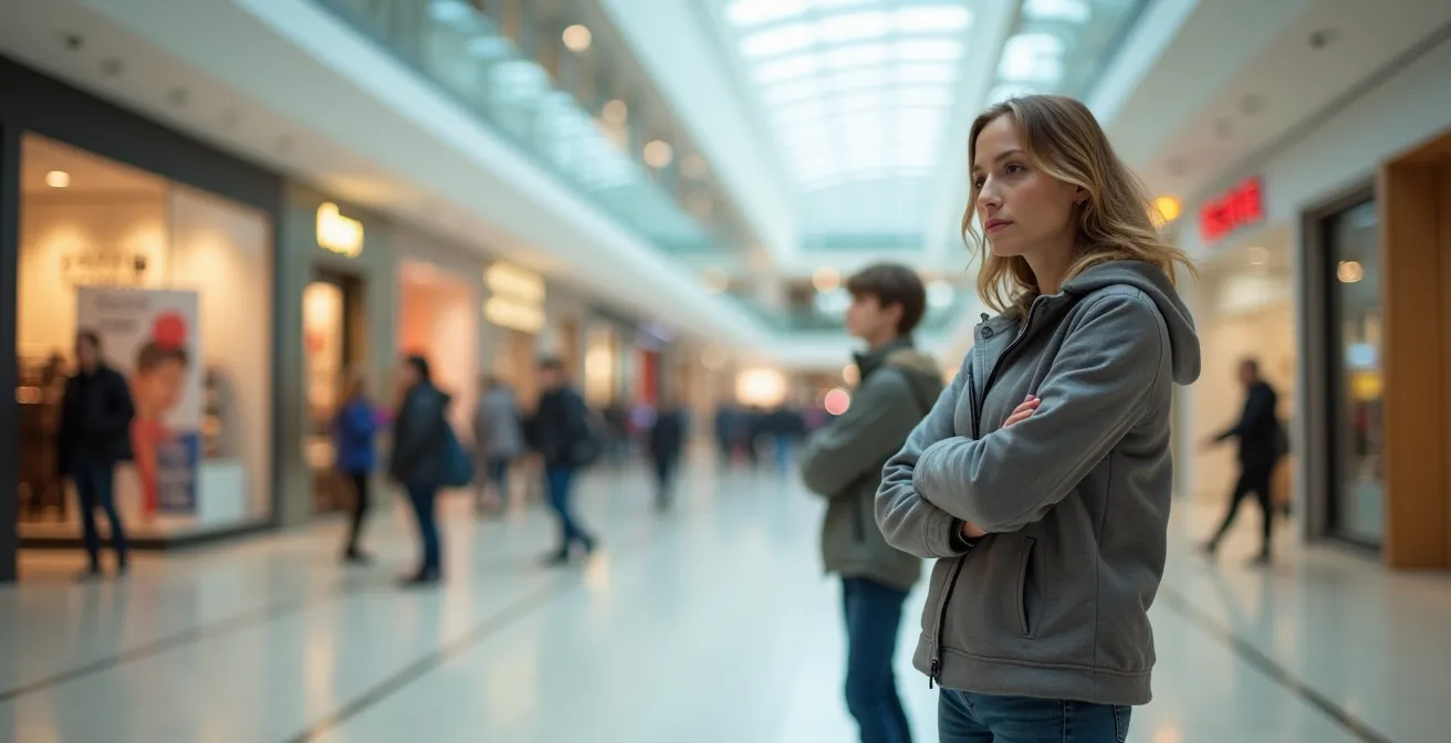 Volwassen ouder behoudt kalmte terwijl tiener emotioneel reageert in een Belgisch winkelcentrum