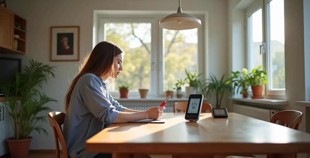 Patiënt bereidt thuis medische gegevens voor met thermometer en bloeddrukmeter voor videoconsultatie