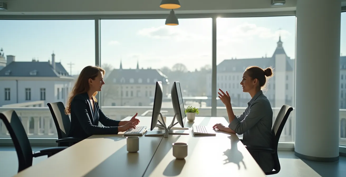 Een medewerker in een warme, moderne kantooromgeving die een persoonlijk gesprek voert, symbool voor digitale klantenservice met een menselijke toets.