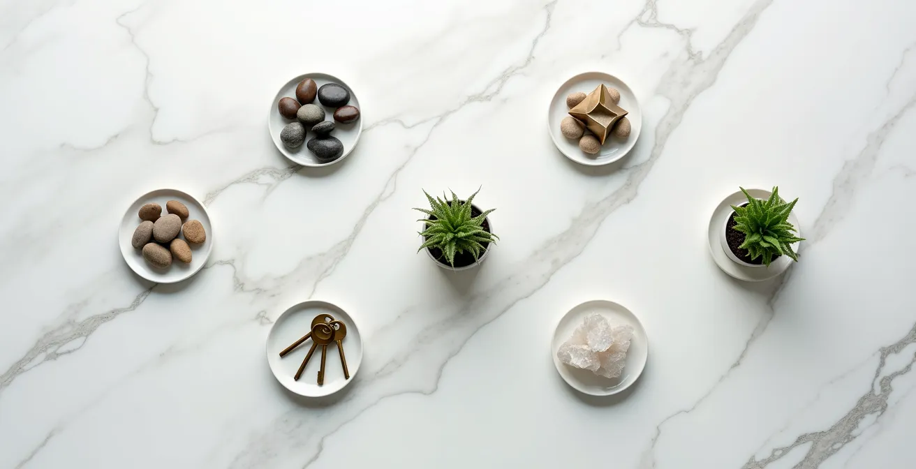 Diverse investeringsinstrumenten elegant gerangschikt op marmeren oppervlak met zachte verlichting