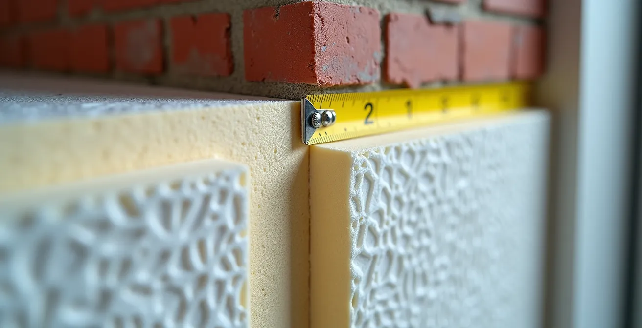 Technisch detail van gevelisolatie met roolijnaanduiding bij Belgisch rijhuis