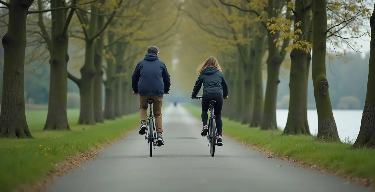 Ouder en tiener fietsen samen langs een rivier in natuurlijke omgeving
