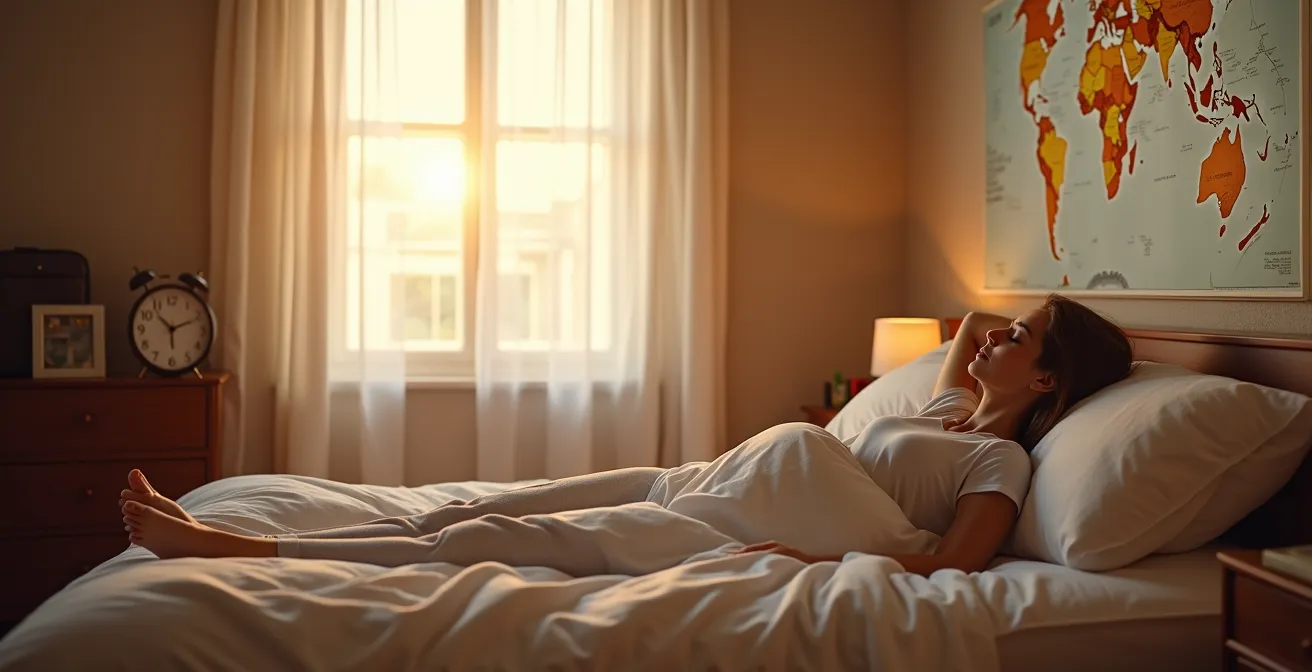 Slaapkamer met zachte ochtendlicht door gordijnen, wekker en reisaccessoires