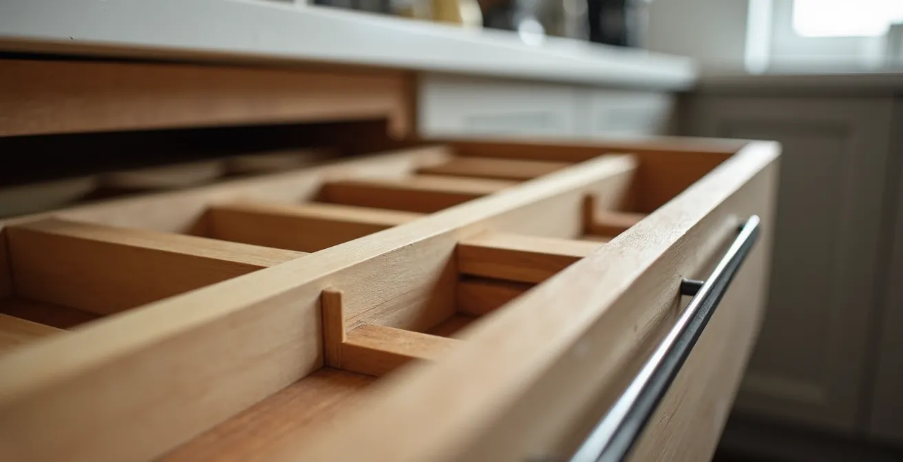 Close-up van georganiseerde keukenlades met afvalsortering systeem