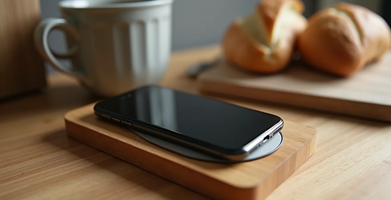 Smartphone bewust weggelegd in laadstation bij Belgische keuken