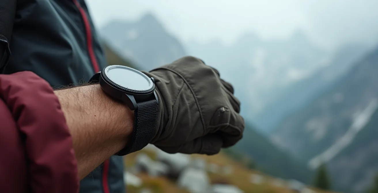 Trekker controleert smartwatch data op bergtop