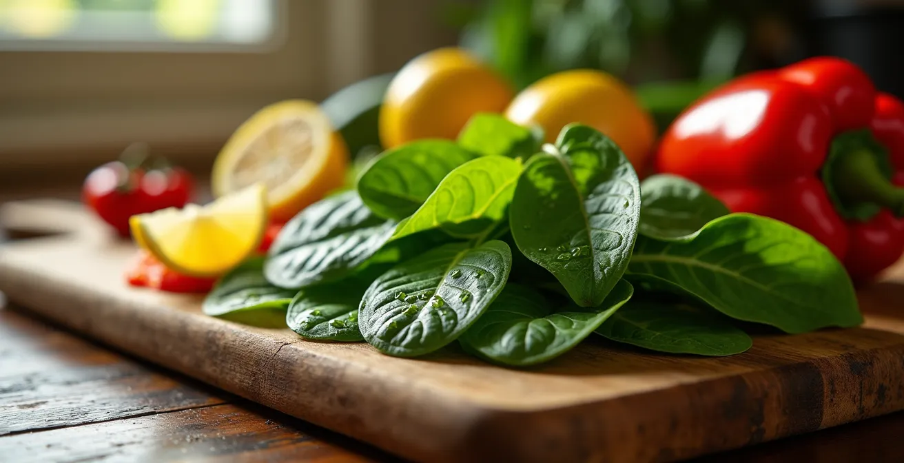Close-up van verse spinazie met citroenschijfjes en paprikareepjes op houten snijplank