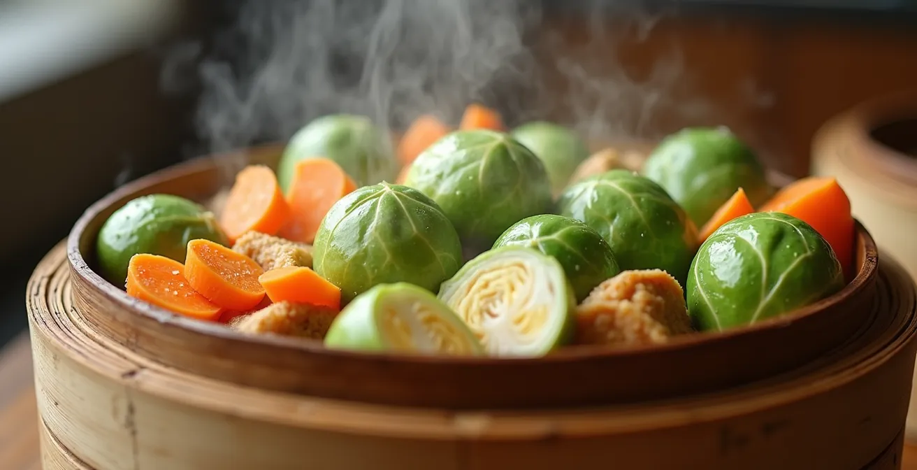 Close-up van stoommandje met kleurrijke wintergroenten boven kokend water met zichtbare stoom