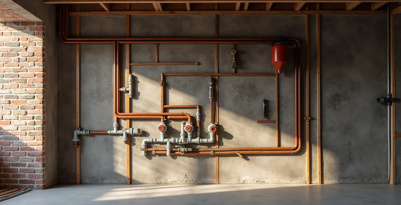 Overzicht van keukeninstallatie met zichtbare leidingen en aansluitpunten