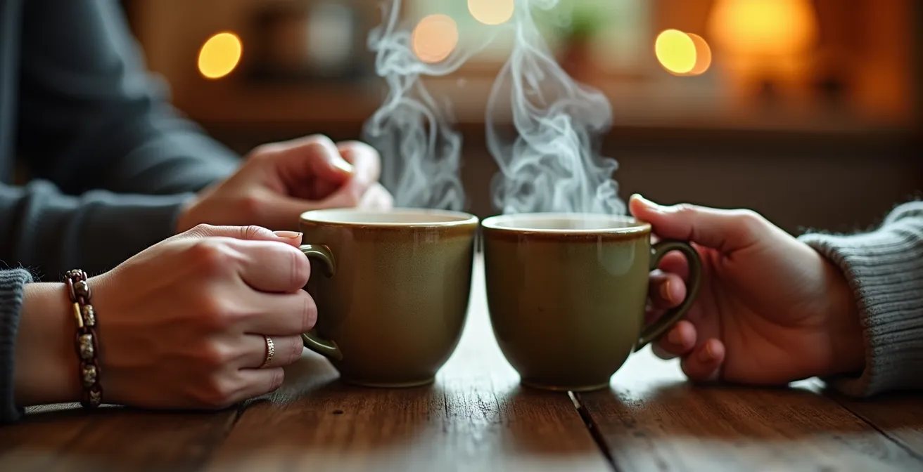 Tiener en ouder delen een rustig avondmoment met thee in de keuken, een voorbeeld van een schermvrij ritueel