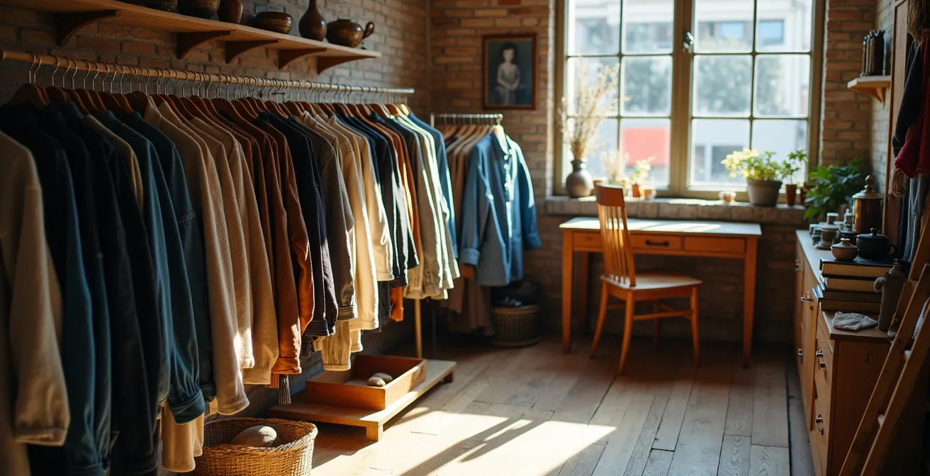 Sfeervolle vintage kledingwinkel met unieke tweedehands stukken en natuurlijk licht