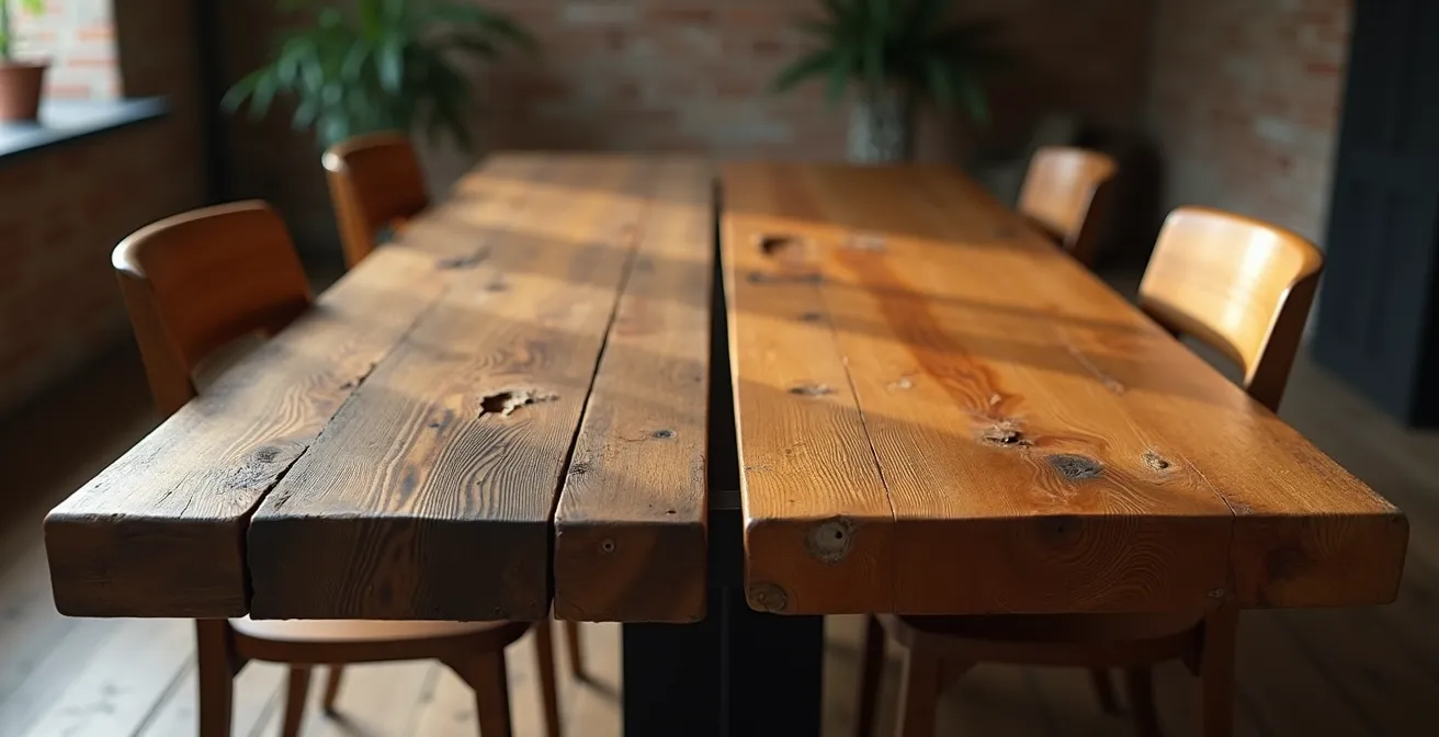 Vintage massief eiken tafel naast modern MDF meubel toont verschil in kwaliteit en duurzaamheid