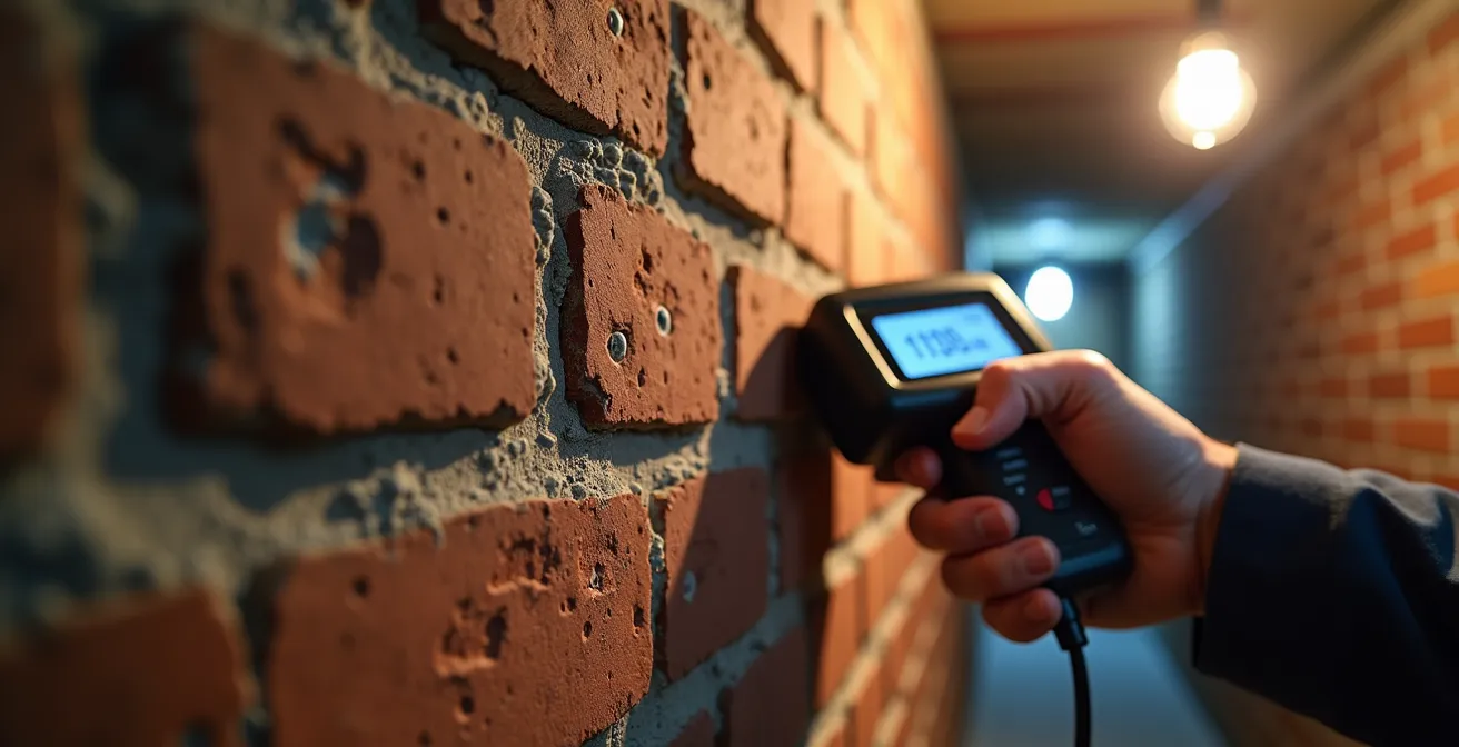 Inspectie van keldermuren op vochtproblemen met professionele meetapparatuur