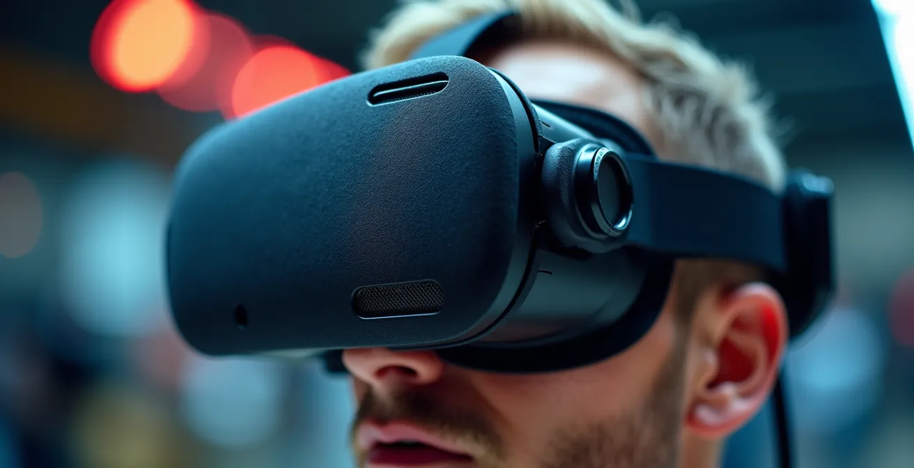 Close-up van moderne VR-headset met focus op comfort features en ventilatie