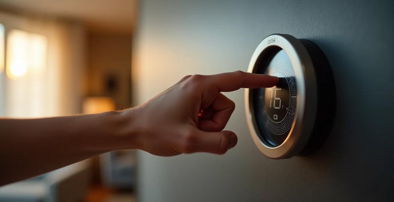 Close-up van een hand die de thermostaat instelt op 50 graden voor de warmtepomptest