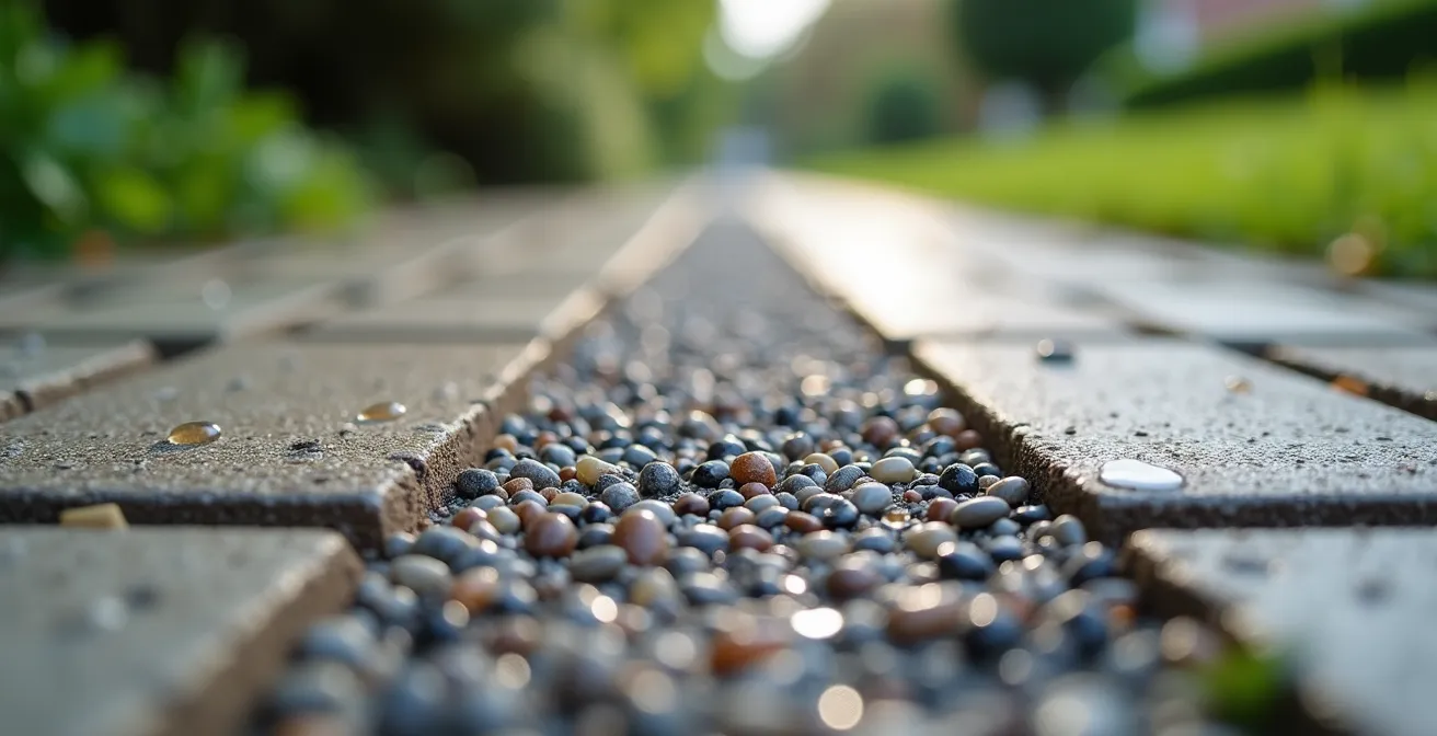 Moderne waterdoorlatende oprit met grindstabilisatie en groene accenten